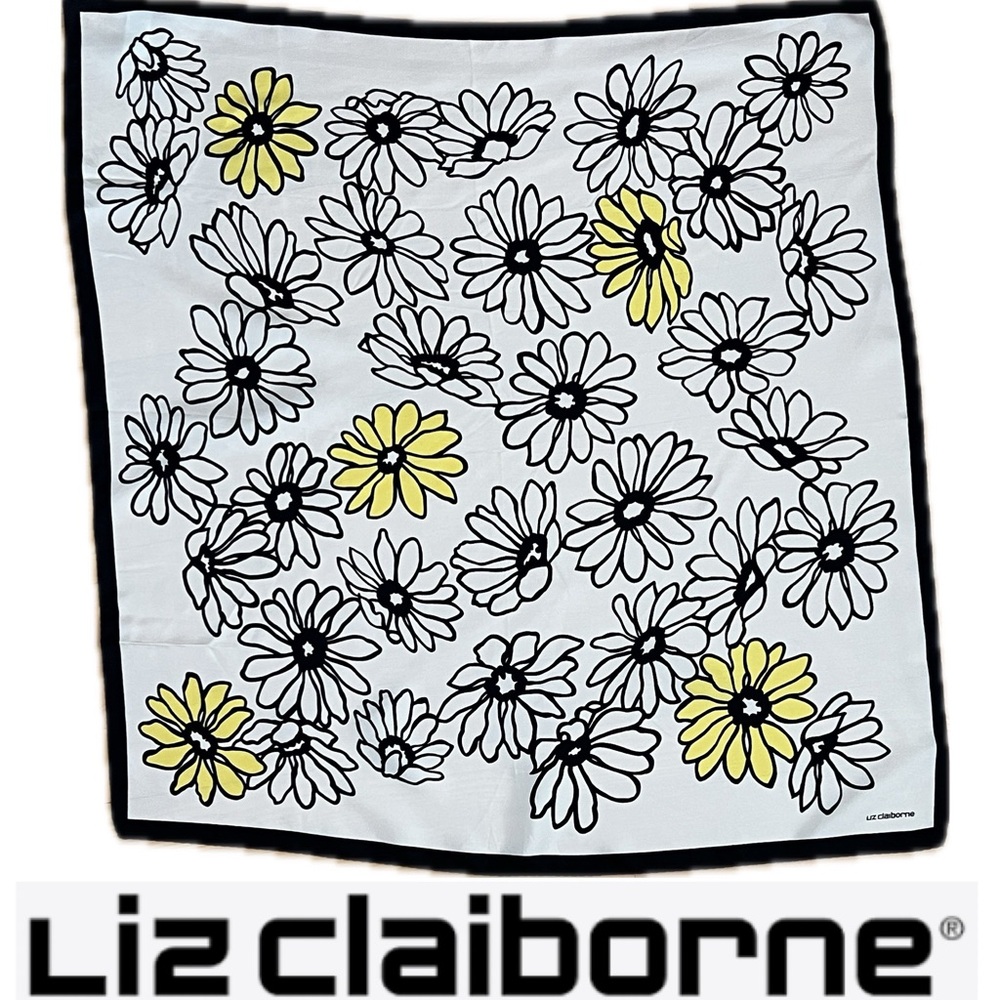 🌼Cheerful Mod-Daisy Square Silk VTG Liz Claiborne Black & Yellow on White Scarf